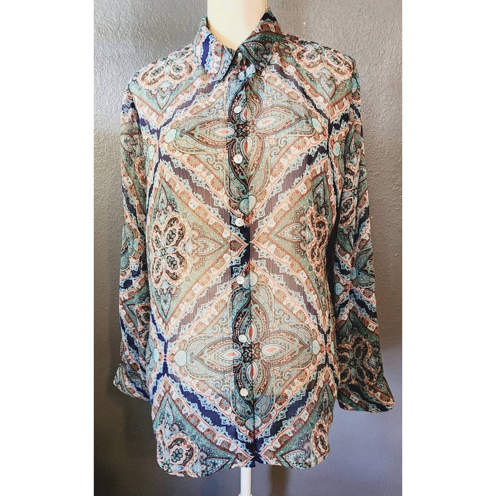 Chico's Easywear Sheer Button down Multicolored Collared Long Sleeve blouse 2